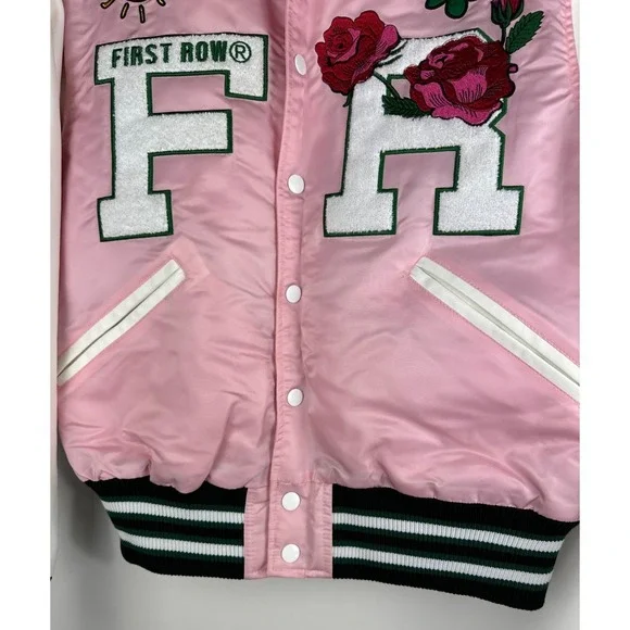 First Row Easy Hours Varsity Letter Contrast Patch Bomber Jacket Snap Pink Small - Picture 7 of 16